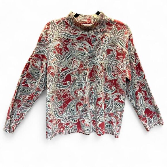 Vintage Red Paisley Mock Neck Long Sleeve Top, Festive Holiday Print size L - Picture 3 of 6